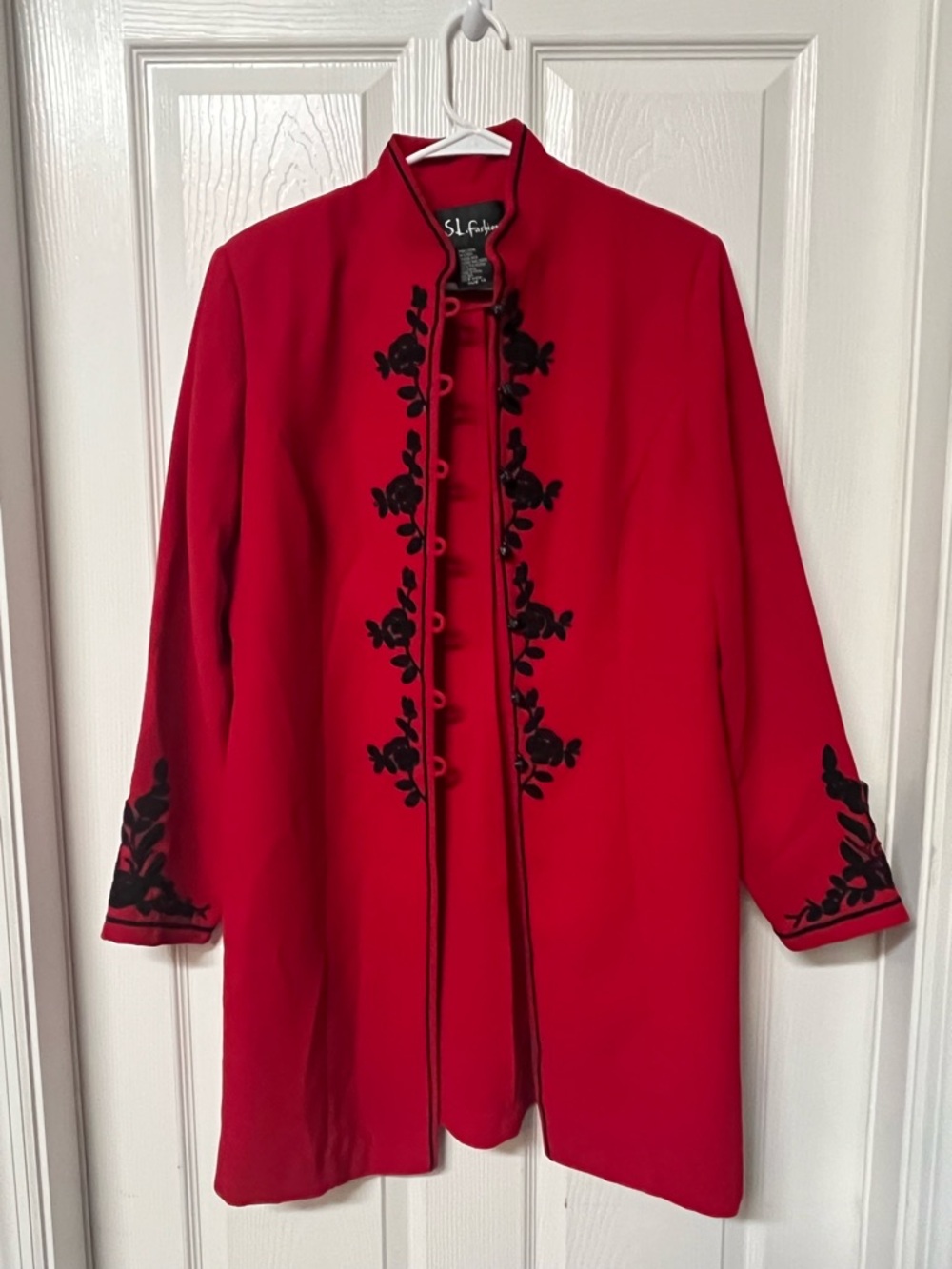 SL Fashions women long sleeves open infront red jacket size 12 knee length